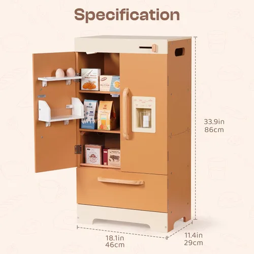 Miniatura 7 de ROBOTIME Refrigerador de madera para niños, refrigerador de cocina de juguete para niños pequeños, refrigerador de juguete con máquina de hielo