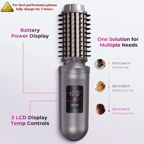 Miniatura 2 de Cepillo alisador de pelo inalámbrico, mini cepillo de rizador de pelo con 3 controles de temperatura, rizador de pelo recargable antiquemaduras