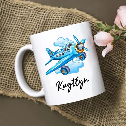 Miniatura 3 de Taza de café de avión personalizada con nombre de los niños, taza de café de avión personalizada de 11 onzas y 15 onzas, taza de cerámica blanca