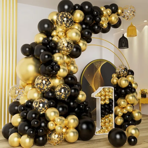 DBKL Kit de arco de guirnalda de globos negros y dorados con globos de confeti negro y dorado para decoraciones de Año Nuevo, suministros de fiesta