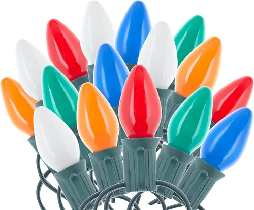 Creative Hobbies Cadena de luces de Navidad multicolor de 25 pies con bombillas incandescentes C7 - Luces clásicas de decoración navideña para