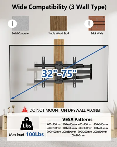 Miniatura 3 de FORGING MOUNT Montura de pared para TV de brazo largo para esquinas para televisores de 32 a 75 pulgadas, soporte de TV articulado de movimiento