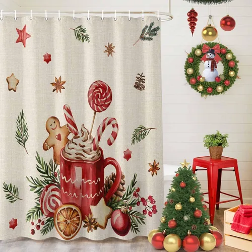 Miniatura 5 de Cortina de ducha navideña para baño, 72 x 72 pulgadas, diseño de hombre de jengibre retro, café, capuchino, cortina de ducha de lino con ganchos