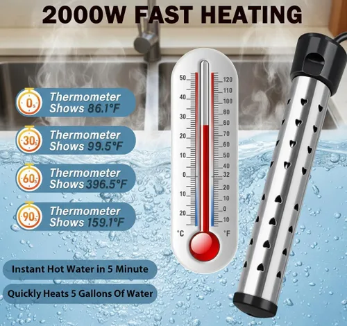 Miniatura 2 de Calentador de agua de inmersión de 2000 W, calentador de agua eléctrico portátil con termómetro LCD y protector de acero inoxidable 304, calentador