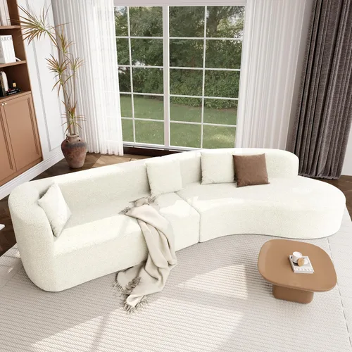 Sofá moderno sin hueso con diseño curvo, sofá modular de felpilla de 2 piezas con 4 almohadas, esponja de felpa, cojín de resorte y esponja grande