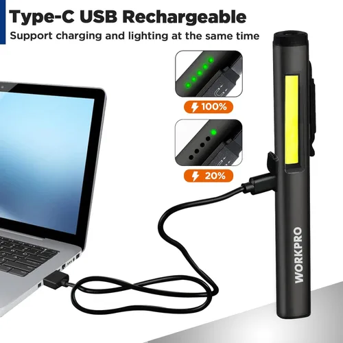 Miniatura 6 de WORKPRO Linterna de Pluma Recargable, Linterna UV de 365 nm con Luz Negra, Linterna LED de 450 Lúmenes Mini de Bolsillo, para Inspección, Trabajo
