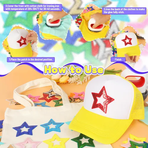 Miniatura 4 de Parches para planchar con estrellas abiertas para sombreros: funcolor 36 piezas de parches de estrellas de lentejuelas multicolor para bolsas