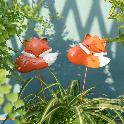 Sungmor 2 estacas decorativas de jardín de zorros, estatuas de animales para macetas de interior y exterior, decoración de patio, decoración de Rojo