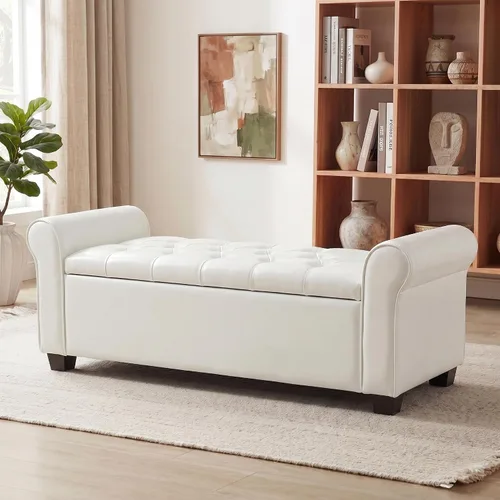 Miniatura 7 de ECOTOUGE Banco otomano de almacenamiento de 55 pulgadas para sala de estar, banco de pie de cama con brazo enrollado, otomano de cuero con Blanco