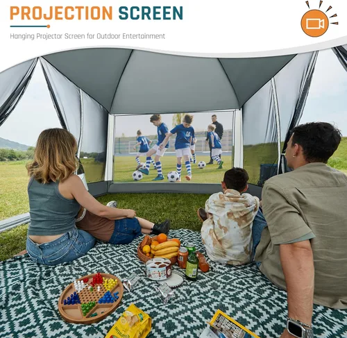 Miniatura 6 de Tienda de Campaña Screen House de 13 x 9 pies, Gazebo de Malla con 2 Puertas Magnéticas, Pantalla de Proyección Incluida, Carpa Refugio con Toldo