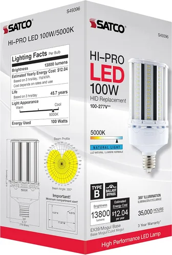 Miniatura 9 de Satco S49396 Corncob LED HID Bombilla de repuesto EX39 Mogul Base Extendida, 100 W, 5000 K