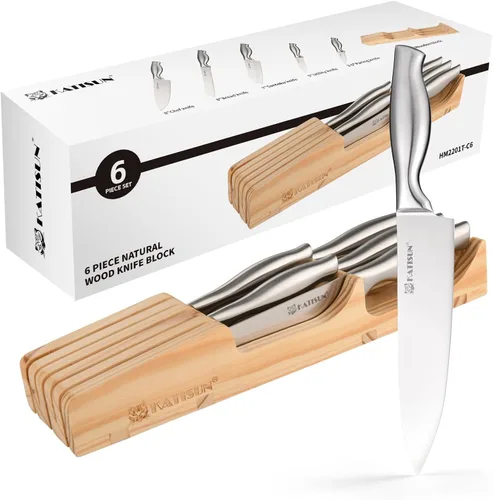 Juego de cuchillos de cocina, juego de 6 piezas de bloques de cuchillos con organizador de cajones de cuchillos de pino, perfecto para el hogar y