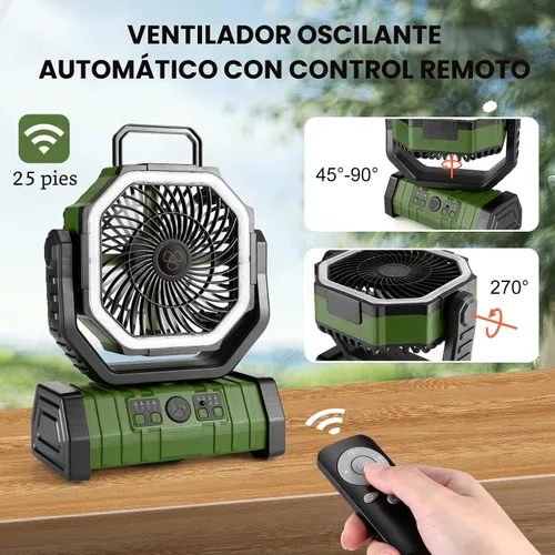 Miniatura 6 de Odoland Ventilador de camping de 30000 mAh con linterna LED, recargable, funciona con batería, oscilante con control remoto y gancho, ventilador