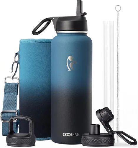 Miniatura 68 de Coolflask Botella de agua de 20 onzas aislada con pajilla, 3 tapas de metal de acero inoxidable, botella de agua de boca ancha para deportes u