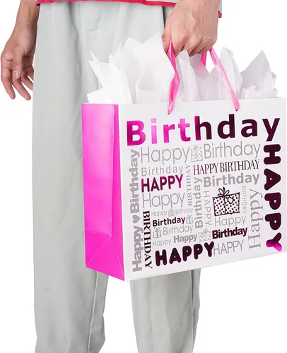 Miniatura 7 de JWSCYSY Bolsa de regalo grande de color blanco y rojo rosa con papel de seda, bolsa de regalo de feliz cumpleaños para niñas y mujeres, 12.6 x 10.25