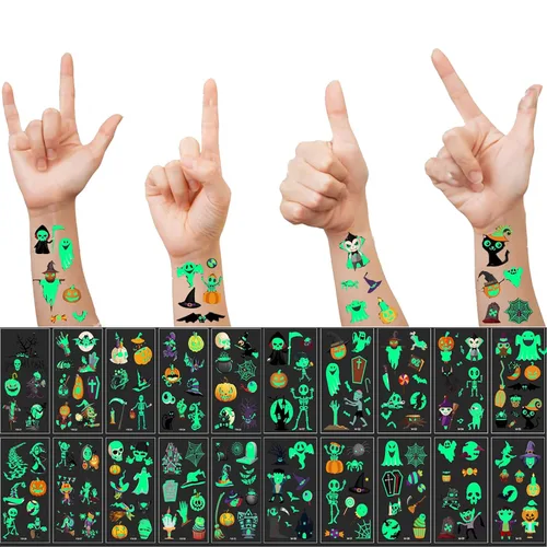 Tatuajes temporales de Halloween para niños, paquete de 20 tatuajes de fiesta que brillan en la oscuridad, decoraciones de fiesta de cumpleaños,