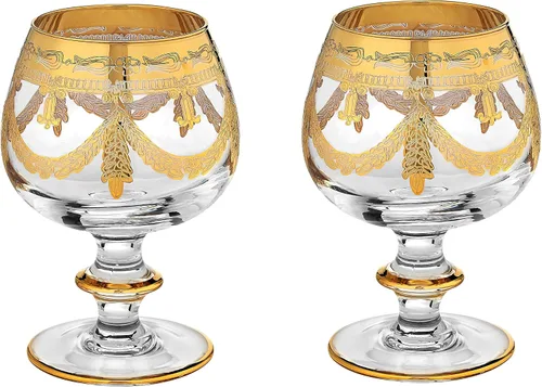 Italia - Juego de 2 copas de coñac decoradas a mano con cristal de cristal de lujo, diseño vintage de 24 quilates