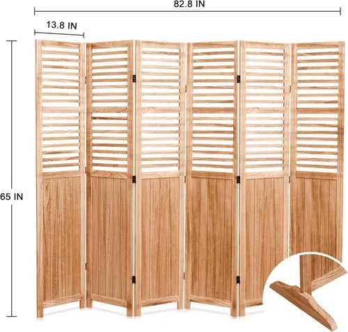 Miniatura 6 de Divisor de habitación plegable de 4 paneles, panel de privacidad de madera de Paulownia independiente de 5.6 pies con estantes de almacenamiento