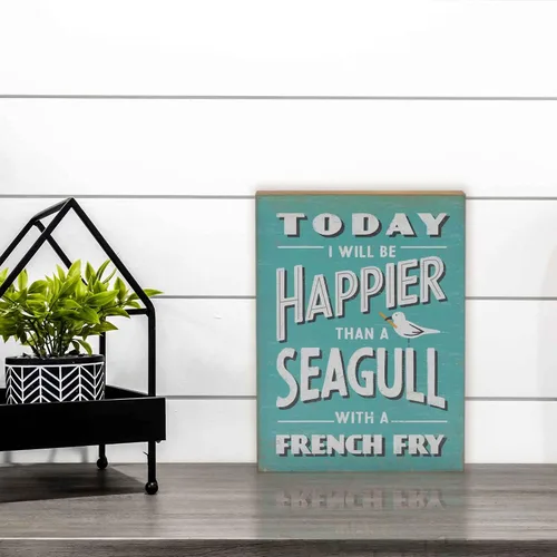 Miniatura 2 de Open Road Brands Happier Than a Seagull with a French Fry Wood Wall Decor – Lindo cartel inspirador con tema de playa