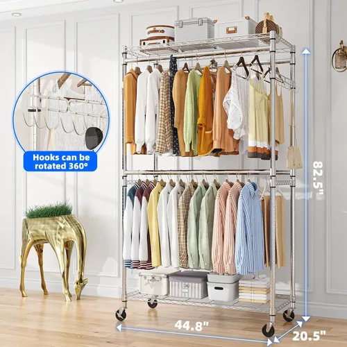 Miniatura 8 de Simple Trending Perchero para ropa resistente con ruedas y 4 varillas colgantes, estantes ajustables para prendas rodantes, capacidad de carga 254