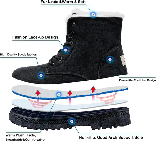 Miniatura 5 de HARENCE Botas de nieve de invierno para mujer botines con forro de piel cálida con cordones para caminar al aire libre botas para mujer