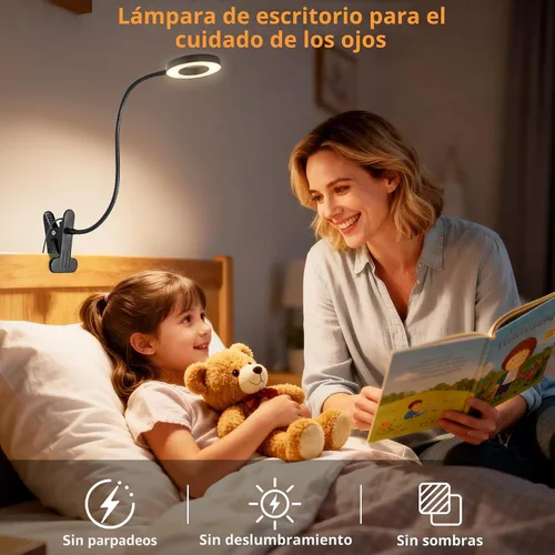 Miniatura 8 de Woputne Lámpara de escritorio con clip para lectura en casa, oficina, 10 brillo regulable, 3 modos, luz de abrazadera para cabecera de cama Negro
