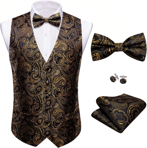 Miniatura 41 de Barry.Wang Conjunto de chaleco de pajarita para hombre, chaleco con cuello en V de seda jacquard de cachemira, gemelos de pañuelo formal/ocio, boda