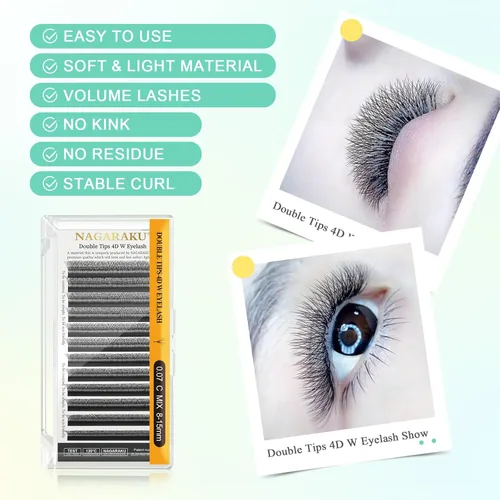 Miniatura 2 de NAGARAKU Extensiones de pestañas Double Tips 4D W, suministros con puntas dobles, gruesas con rizado D de 0.07 mm, bandeja mixta 8-15 mm, 0.07-D