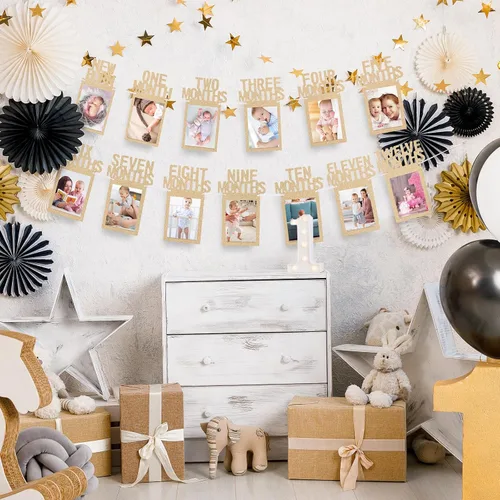 Miniatura 7 de Whaline Cartel de fotos de bebé de primer cumpleaños para recién nacidos a 12 meses, guirnalda de fotos de hitos mensuales, decoración de Champán