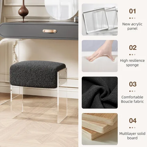 Miniatura 6 de Taburete de tocador y reposapiés - Moderno taburete de tocador y reposapiés con patas de lana y acrílico para sala de maquillaje, sala de estar