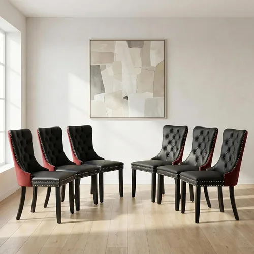 Miniatura 56 de OVENTA Juego de 4 sillas de comedor modernas tapizadas copetudas, terciopelo negro y gris y cuero con patas de madera maciza, sillas de cocina