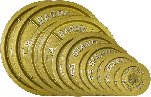 Miniatura 12 de Placas de acero olímpico con acabado dorado - Pares y juegos de barra estándar de 2 pulgadas en oro premium para levantamiento de pesas