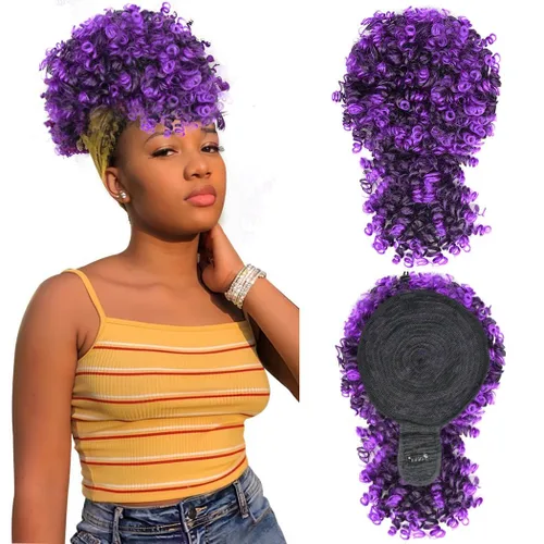 Miniatura 11 de MODSIGHT Cola de caballo afro hinchada con cordón y flequillo, moño de cola de caballo rizada crespa negra con flequillo, postizos para peinados