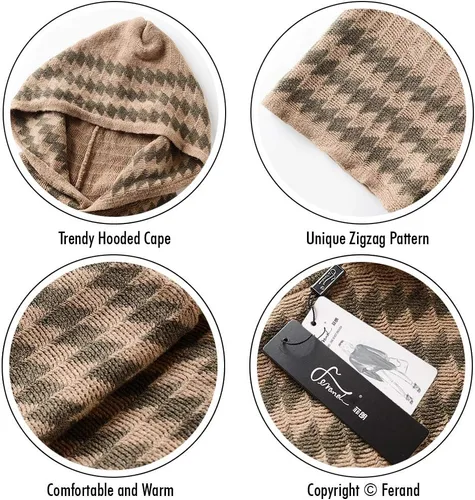 Miniatura 4 de Ferand Suéter poncho de punto con capucha y rayas en zigzag para mujer con flecos