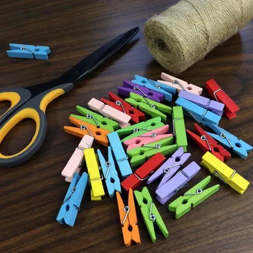 Miniatura 5 de Mini pinzas de madera natural con cordel de yute, 100 unidades, 1.4 pulgadas, clips para manualidades con cordel natural de 320 pies para álbumes