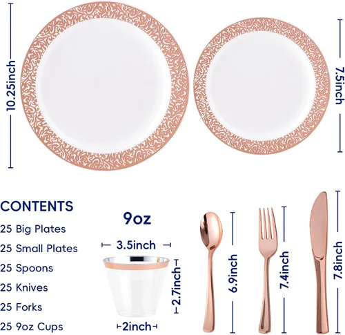 Miniatura 6 de Juego de vajilla de oro rosa de 150 unidades, elegante desechable incluye: 25 platos de plástico de encaje dorado, 25 platos de postre, 25