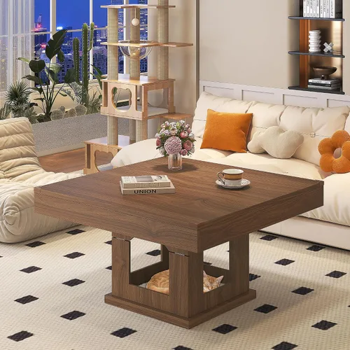Miniatura 8 de knoworld Mesa auxiliar cuadrada, mesa de centro de madera con almacenamiento y casa para gatos, mesa de cóctel marrón rústica para sala de estar