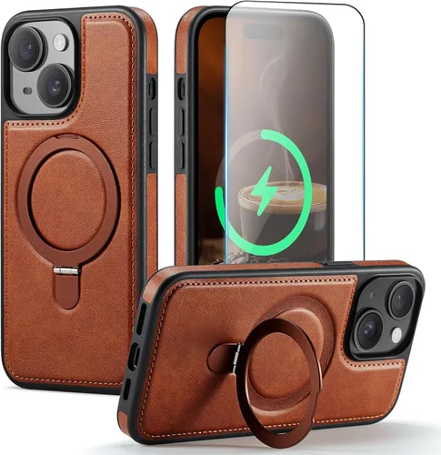 Miniatura 14 de Funda para iPhone 13 con soporte compatible con Magsafe, color negro Magnetic Kickstand, with Tempered Glass Screen Protector, Durable PU Leather