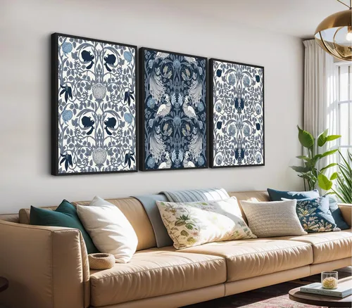 Miniatura 15 de Arte de pared abstracto enmarcado grande - Cuadros de lienzo enmarcados naturales para sala de estar, impresiones modernas en lienzo gris azul
