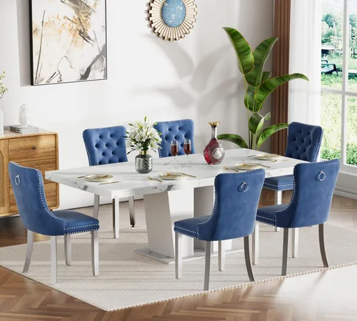 Miniatura 31 de Henf Juego de mesa de comedor extensible de 7 piezas para 6, 160 cm-200 cm Mesa de cocina extensible de grano de mármol blanco con 6 sillas Blanco
