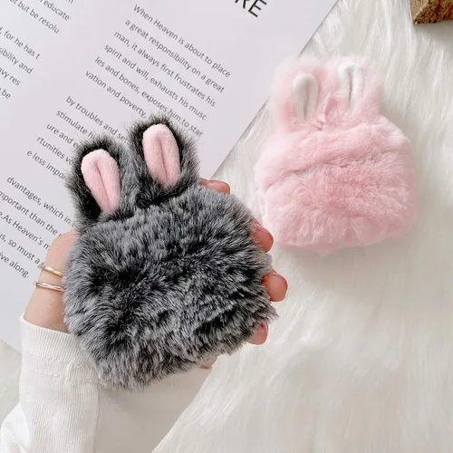 Miniatura 5 de Guppy Compatible con AirPods Pro 2 - Funda de conejo peludo para niñas, caricaturas 3D, lindas orejas de conejo, funda de transporte mullida y Gris