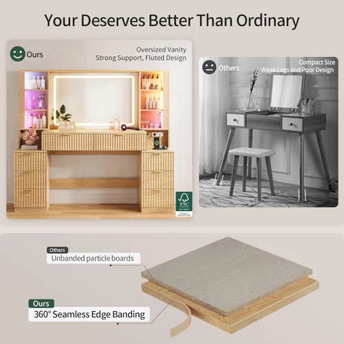 Miniatura 7 de HAUOMS Big Vanity, escritorio de maquillaje de madera estriada con espejo y luces LED de sincronización de sonido, tocador grande, 8 cajones, Roble