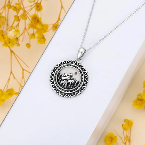 Miniatura 25 de PROESS Collar de plata de ley con colgante de montaña y sol de semilla de mostaza/masónico/brújula para mujeres y hombres, collar con colgante