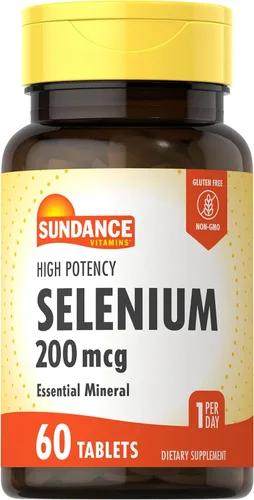 Sundance Suplemento de selenio de 200 mcg | 60 tabletas | Fórmula de alta potencia | Mineral esencial vegetariano, sin OMG y sin gluten