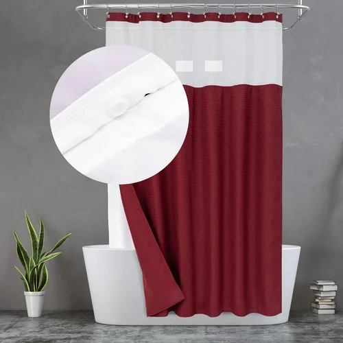 Miniatura 7 de N&Y HOME - Juego de cortina de ducha de punto gofre, forro de tela a presión y 12 ganchos de metal, estilo hotel, impermeable, lavable y ventana