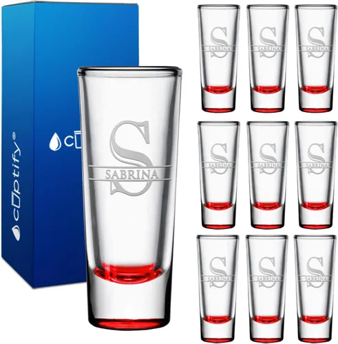 Miniatura 29 de Vaso de chupito personalizado con fondo verde azulado personalizado de 2 oz, vasos de chupito cordial con inicial en script dividido y nombre