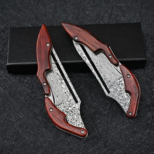 Miniatura 7 de SD604A Cuchillo plegable de Damasco VG10, de bolsillo, mango de sandía amarilla, con cerradura mecánica, para camping al aire libre y supervivencia