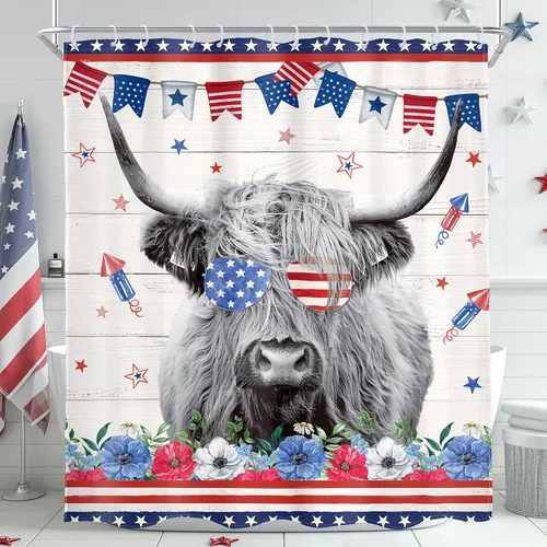 Miniatura 7 de AMBZEK - Cortina de ducha pequeña para establo con vaca de las tierras altas, 36 pulgadas de ancho x 72 pulgadas de largo, toro occidental, diseño