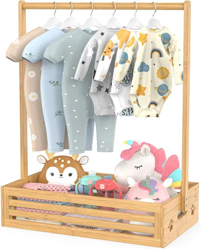 BAMBOOHOMIE Perchero para Ropa de Bebé para Niños Pequeños, Perchero para Ropa de Mascotas con Caja de Almacenamiento y Barra Colgante Ajustable