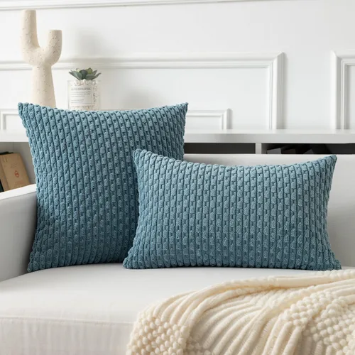 Miniatura 168 de K Kevin Textile - Juego de 2 fundas de almohada decorativas de corduroy suave azul con rayas estilo bohemio, fundas de almohada para sofá, cama
